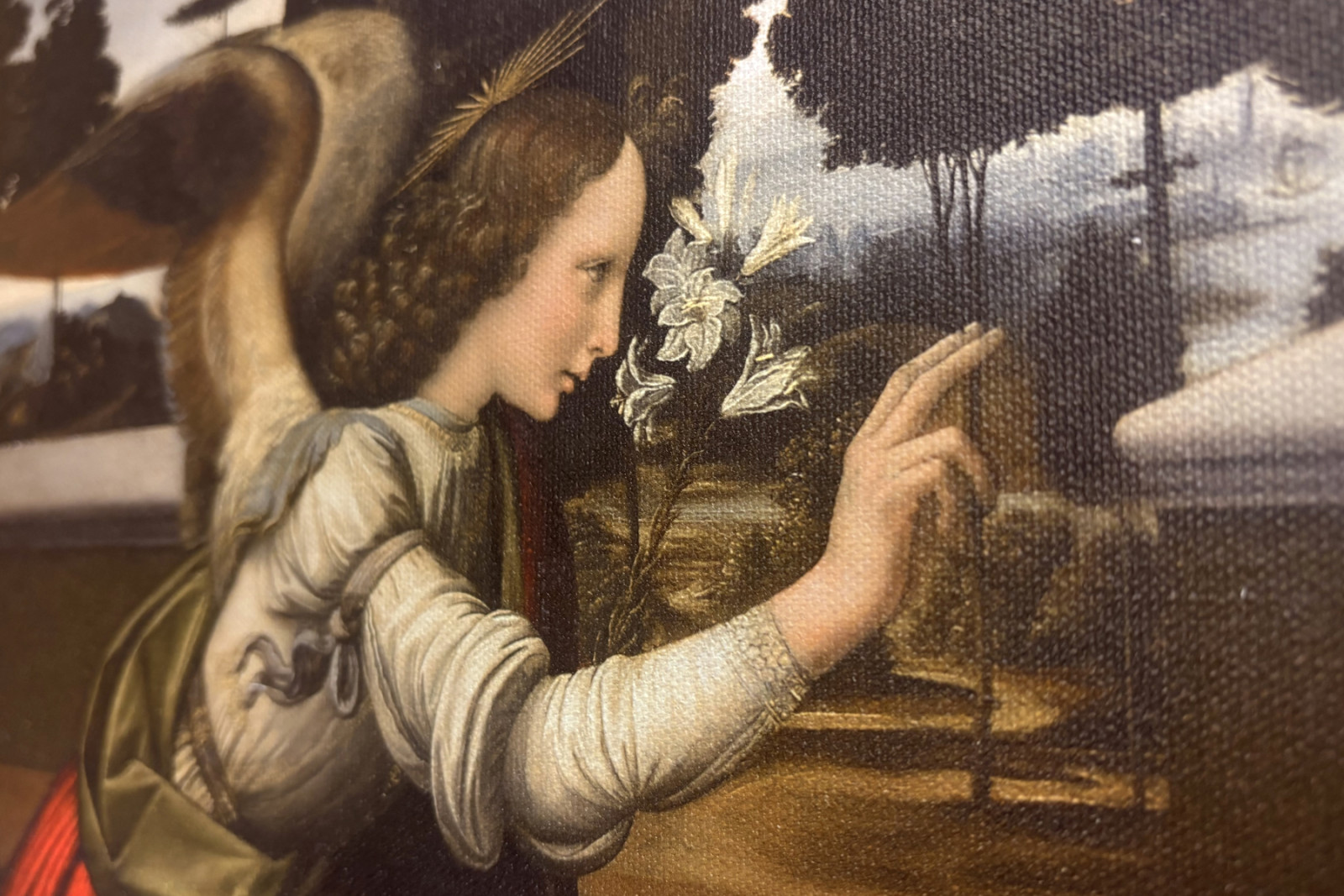 Italia Toscana Firenze, Uffizi-galleriet: Bebudelsen, maleri av Leonardo da Vinci (1452-1519), Olje på tre, ca. 1472-1475, 98x217 cm - Leonardo da Vinci