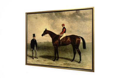 Gladiateur med Harry Grimshaw opp og hans eier, grev Frederic de Lagrange, 1865