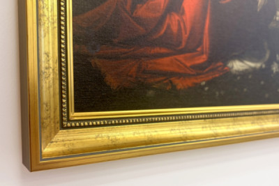 Italia Toscana Firenze, Uffizi-galleriet: Bebudelsen, maleri av Leonardo da Vinci (1452-1519), Olje på tre, ca. 1472-1475, 98x217 cm - Leonardo da Vinci