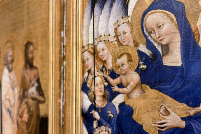 Richard II presentert for jomfruen og barnet av hans skytshelgen Johannes døperen og de hellige Edward og Edmund, ca. 1395-99 (eggtempera på eik) - Master of the Wilton Diptych