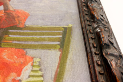 Jente i en rød kjole som leser ved et svømmebasseng - John Lavery