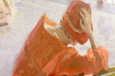 Jente i en rød kjole som leser ved et svømmebasseng - John Lavery