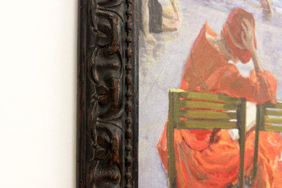 Jente i en rød kjole som leser ved et svømmebasseng - John Lavery