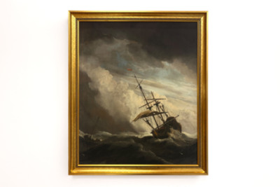 Et skip på åpent hav tatt av en vindbyge, kjent som «Vindkastet» - Willem van de Velde (II)