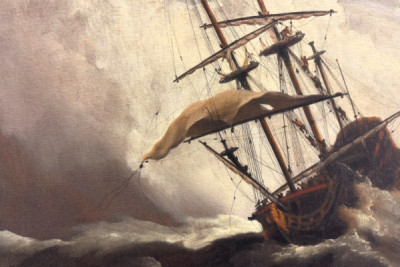 Et skip på åpent hav tatt av en vindbyge, kjent som «Vindkastet» - Willem van de Velde (II)