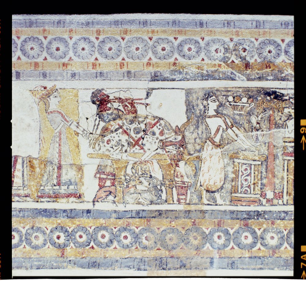 Dyreoffer, fra Agia Triada-sarkofagen, minoisk, ca. 1400 f.Kr. (freskomaleri på kalkstein) av Unknown