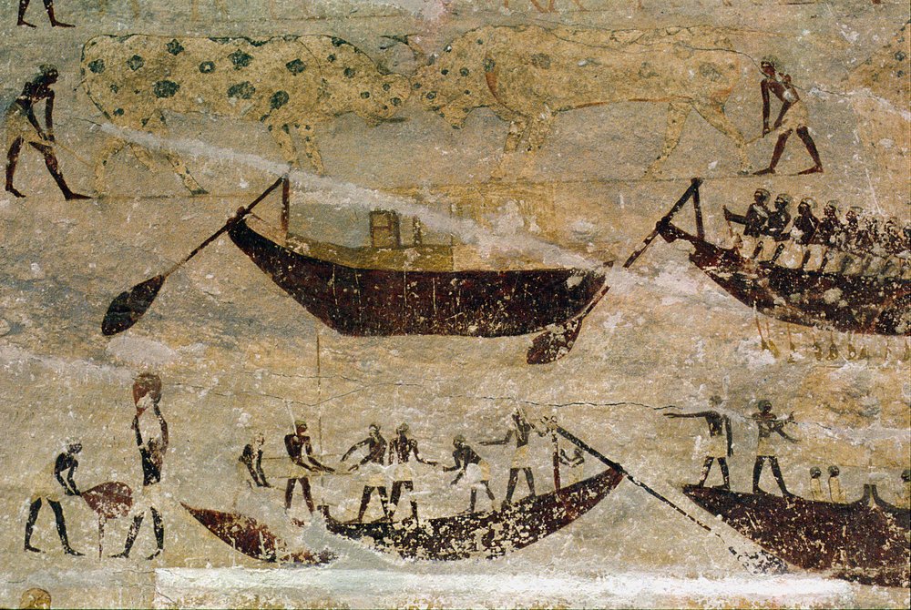 Båter som går nedstrøms, detalj fra et gravveggmaleri, egyptisk, gammelt til middels rike (malt kalkstein) av Unknown