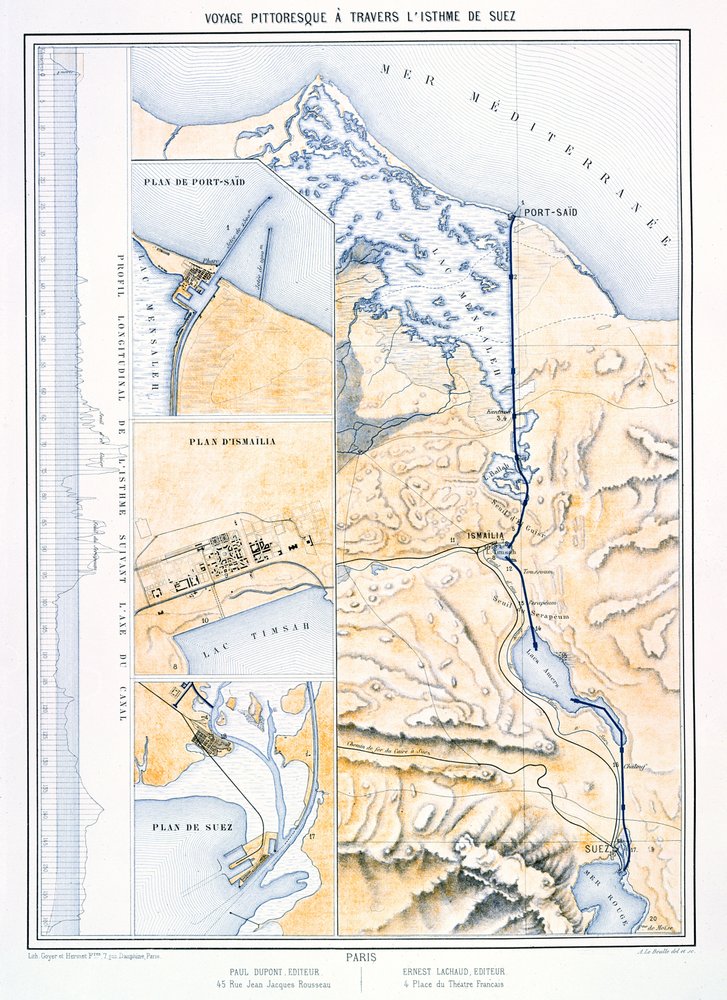 Kart over Suezkanalen, ca. 1870 av A. Le Bealle