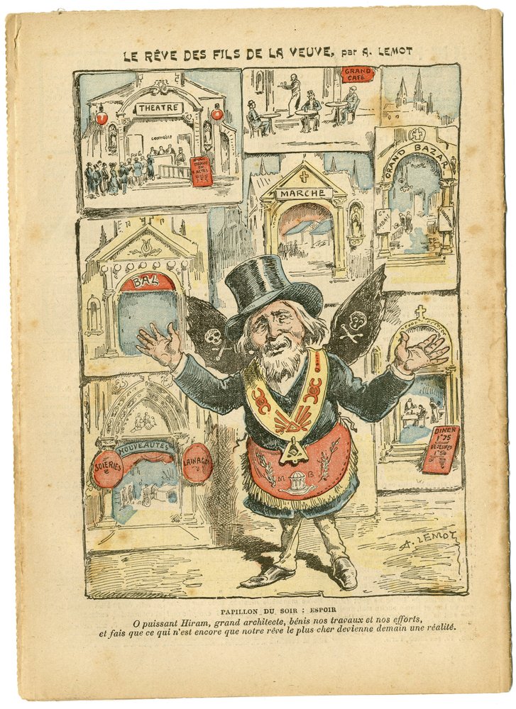 Illustrasjon av Achille Lemot (1846-1909) i Le Pelerin, 23/09/06 - Drømmen om enkens sønner - Antimilitarisme, Religion Tro, Churches Cathedrales, Katolsk katolisisme - Laicization av det religiøse rom, Laicization Laicite Lay-lover - Hiram av Achille Lemot