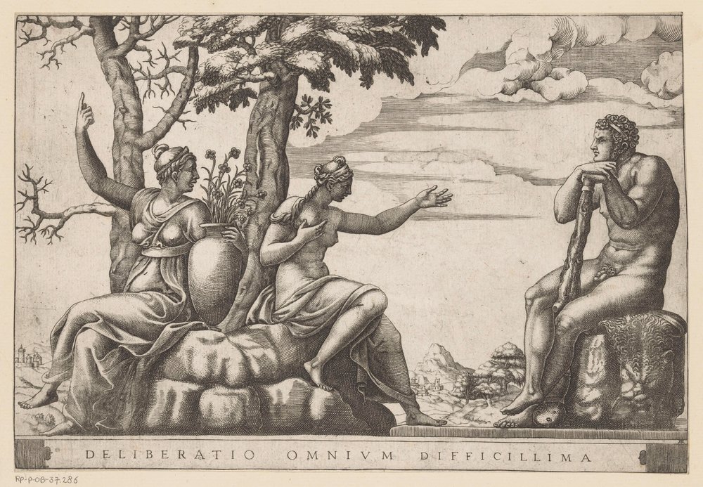 Hercules op de tweesprong Den vanskeligste avgjørelsen av alle (tittel på objekt) av Adamo Scultori