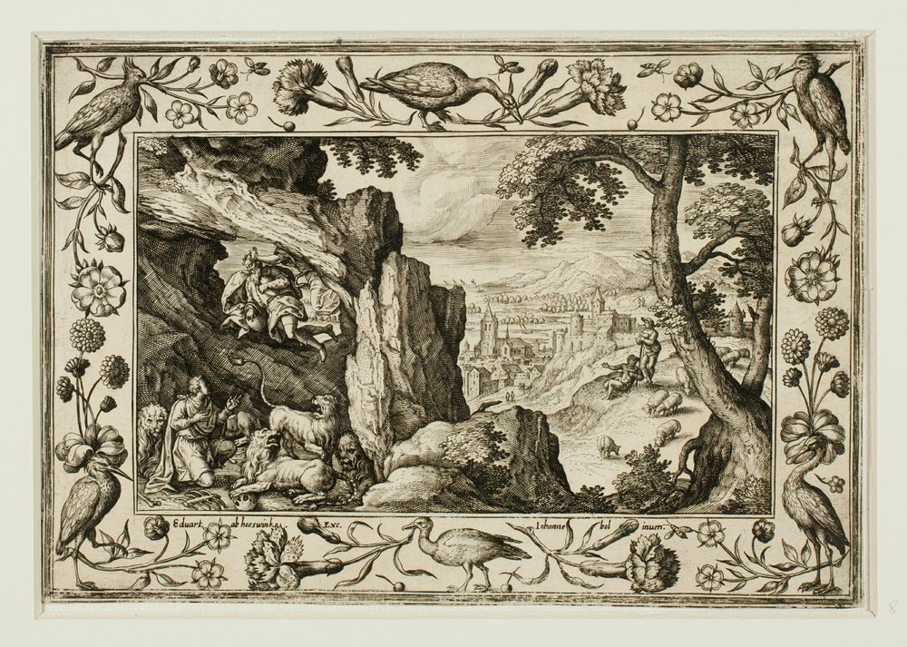 Daniel i løvehulen, fra landskap med scener fra Det gamle og Det nye testamente og jaktscener av Adriaen Collaert