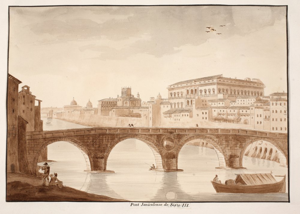 Ponte Sisto, 1833 (etsing med brun vask) av Agostino Tofanelli