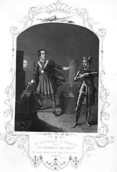 Mr Macready som Hamlet og Mr Stuart som The Ghost, Act I Scene 5, i Hamlet av William Shakespeare (1564-1616) gravert av George Hollis (1792-1842) (gravering) av Alexander (after) Reid
