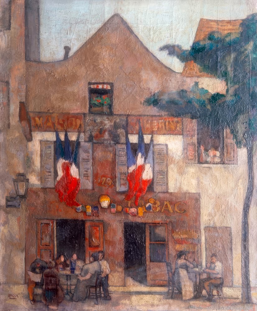 Utsikt over fasaden til den berømte parisiske restauranten i Montmartre, med flagg i vinduet og folk ved et bord av Alphonse Quizet