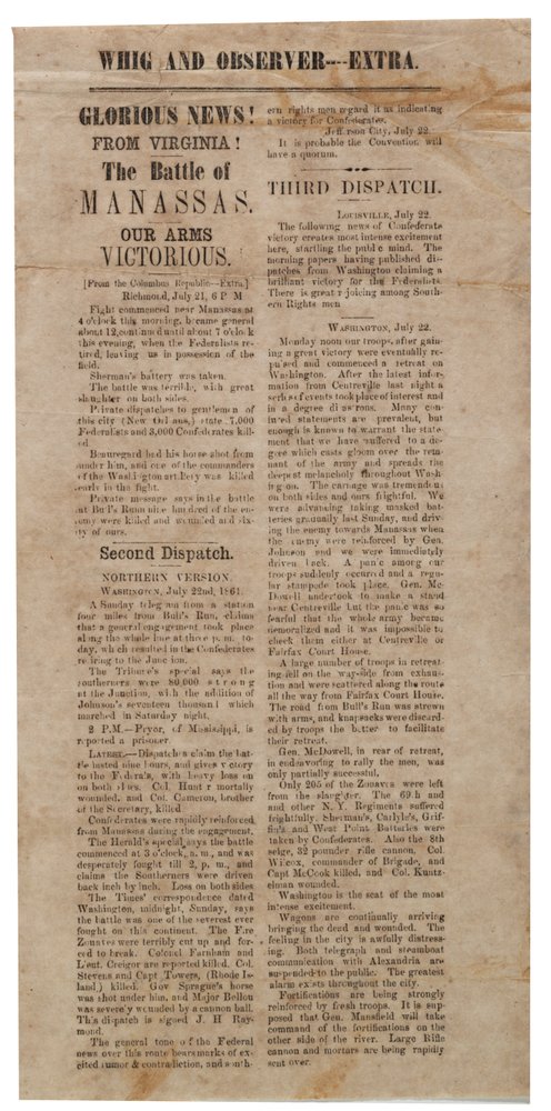 Broadside kunngjorde det første slaget ved Manassas, Whig og Observer Extra, etter 22. juli 1861 av American School