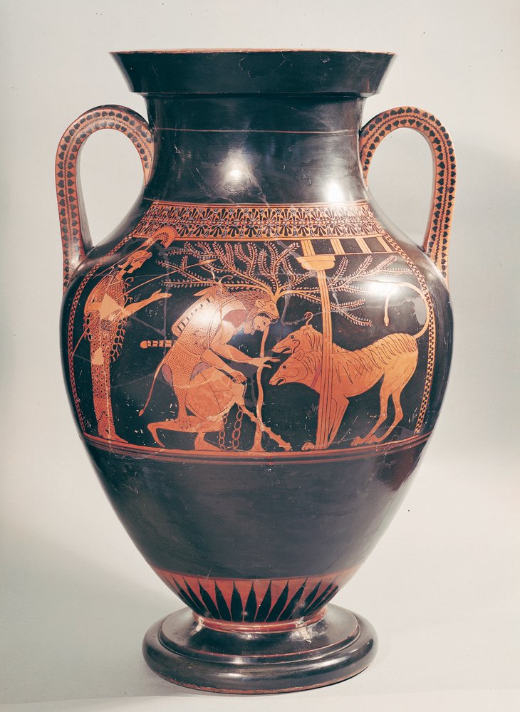 Attisk rødfigurert bukamfora som viser Herakles som fanger Kerberos, gresk, fra Athen, 6. århundre f.Kr. av Andokides Painter