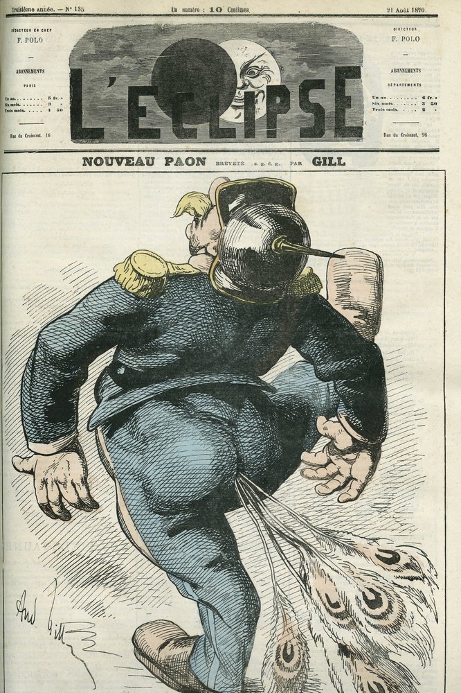 Ny påfugl, karikatur av Vilhelm I (1797-1888), seierherre i den fransk-prøyssiske krigen. Forside i “L