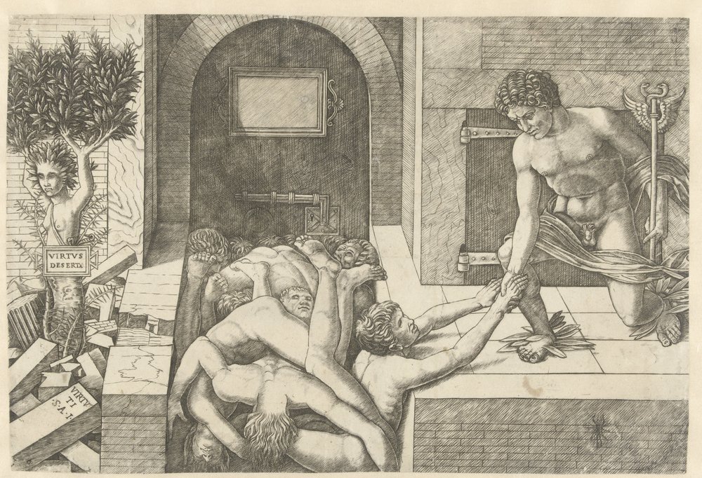 Merkur som personifisering av dyd redder sjeler i Limbo og Daphne blir til tre Virtus Deserta (tittel på objekt) av Andrea Mantegna (school of)