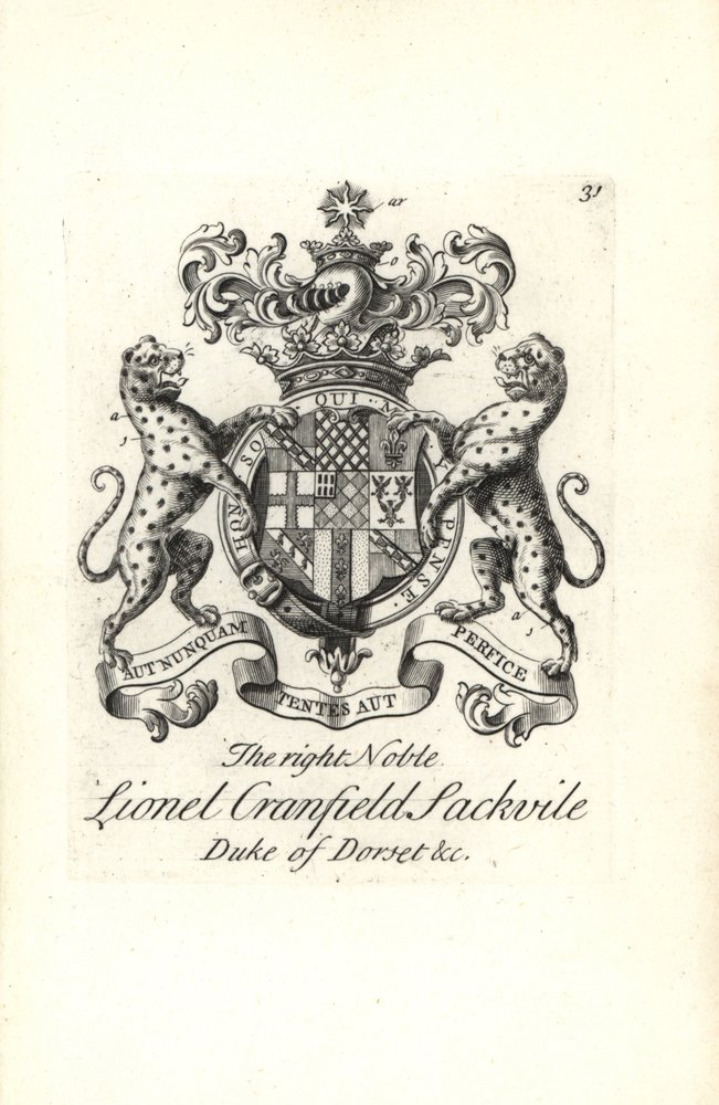 Våpenskjold og emblem av den høyre adelige Lionel Cranfield Sackville, hertugen av Dorset av Andrew Johnston
