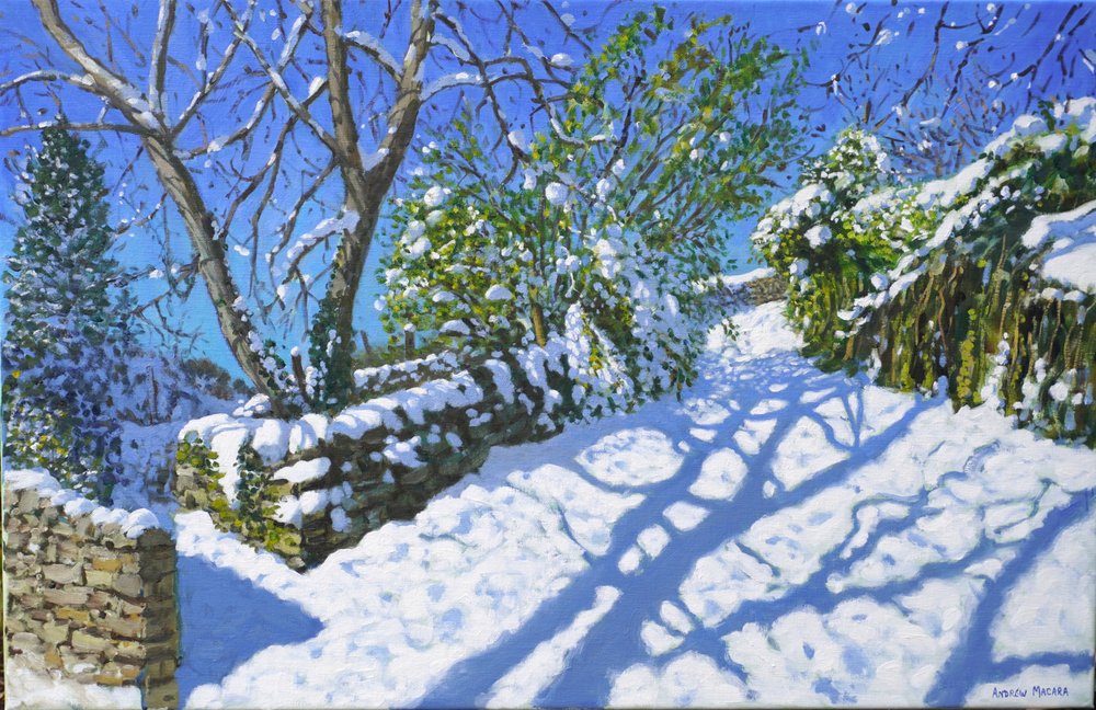 Vårsnø, Wirksworth, Derbyshire, 2023 (olje på lerret) av Andrew Macara
