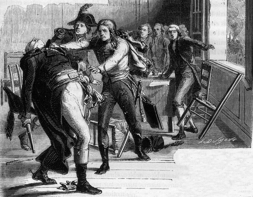Nicolas-Joseph Beaurepaires selvmord (1792) etter beslutningen om å gi Verdun tilbake til prøysserne - gravering i «Histoire des Girondins» av Alphonse de Lamartine (1790-1869), 1865-1866 - privat samling av Anonymous Anonymous