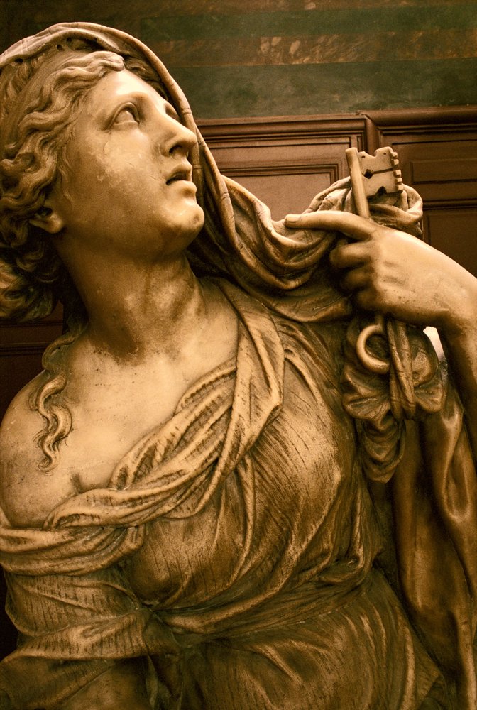 Graven til Jean-Baptiste Colbert de Torcy 1619-83 detalj av den allegoriske figuren av Fidelity, ca. 1685-87 marmor se også 248118 og 248120 av Antoine Coysevox