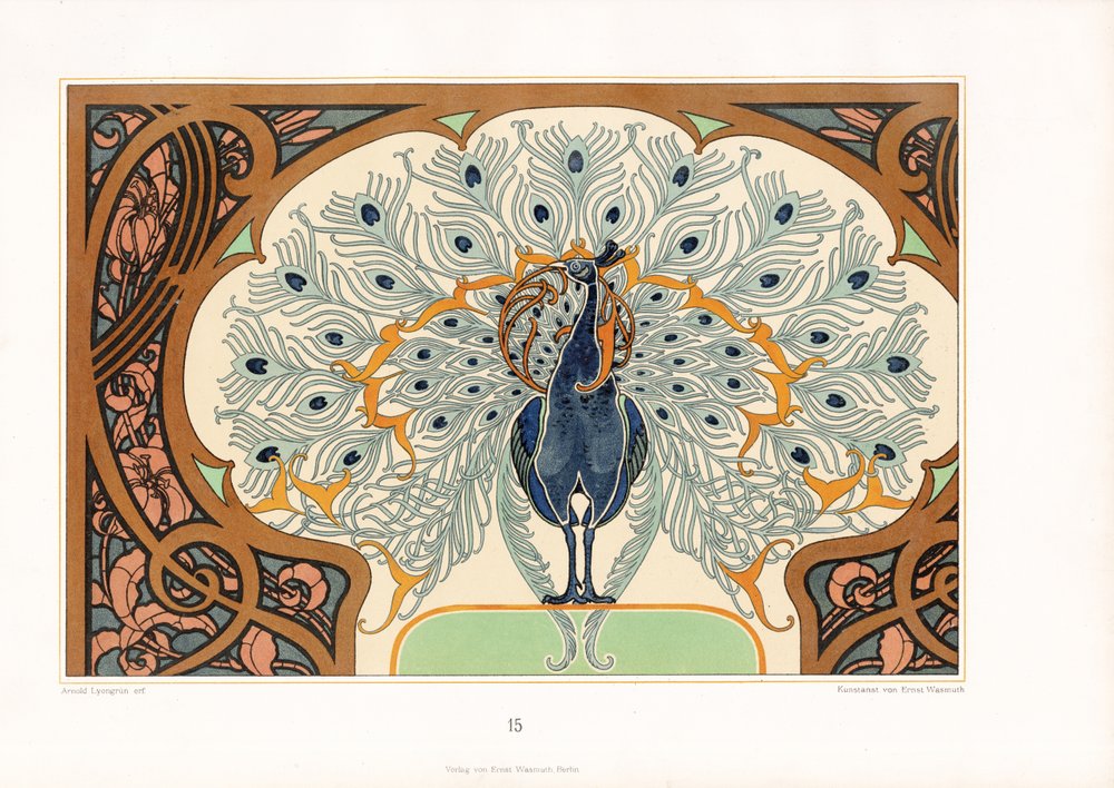 Påfugl i ornamental innramming med jugenddekor av Arnold Lyongrün