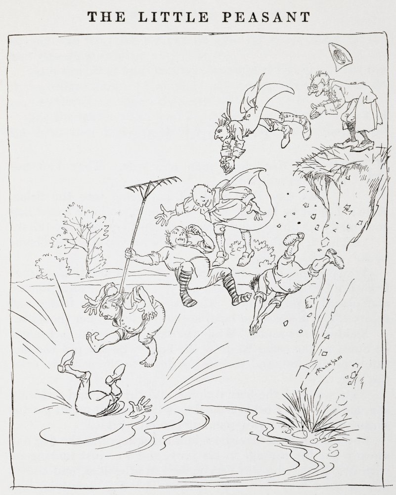 Illustrasjon av menn som hopper fra en klippe ned i en dam fra The Little Peasants. av Arthur Rackham