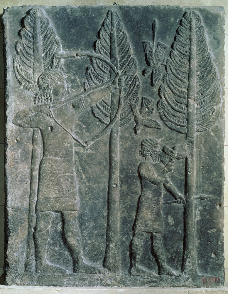 Relieff som viser jakten på fugler i skogen, fra Palace of Sargon II i Khorsabad, Irak (gips) av Assyrian
