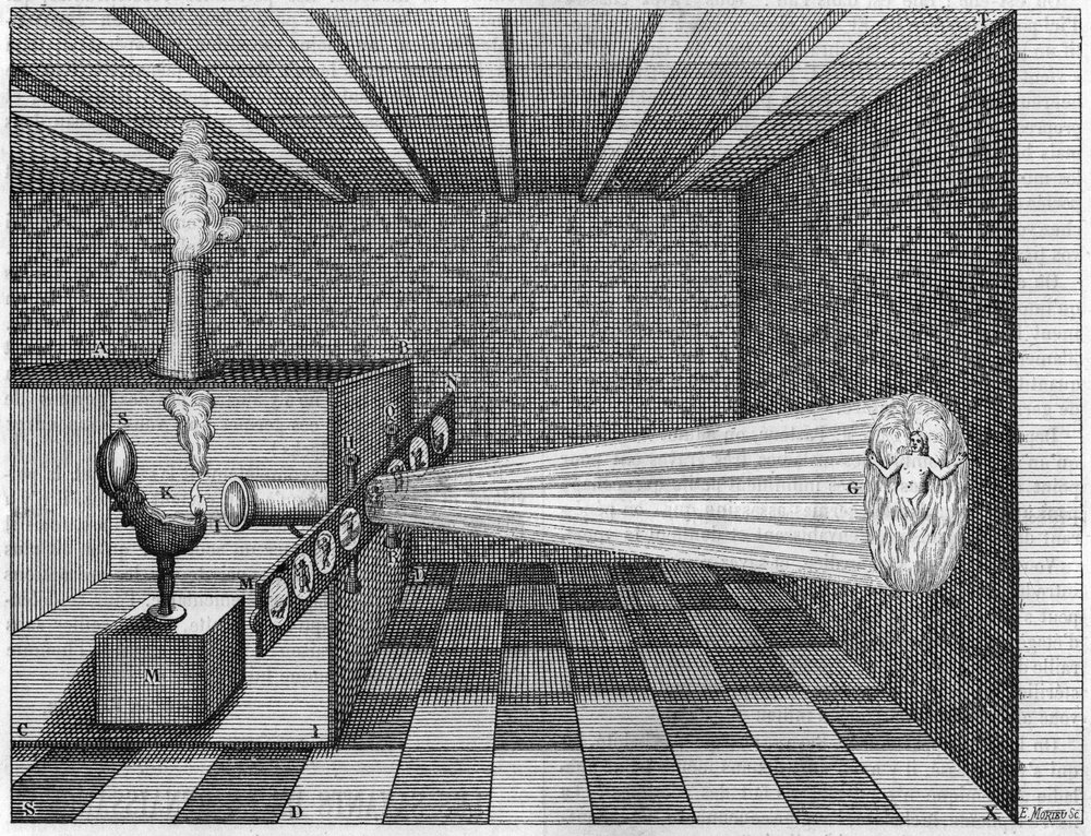 Et camera obscura (tryllelykt) projiserer bildet av en mann som brenner i helvete - Tryllelykt. Fader Kirchers tryllelykt. Tidlig projektor for lyktbilder. I «Ars Magna Lucis Et Umbrae» av Athanasius Kircher av Athanasius Kircher