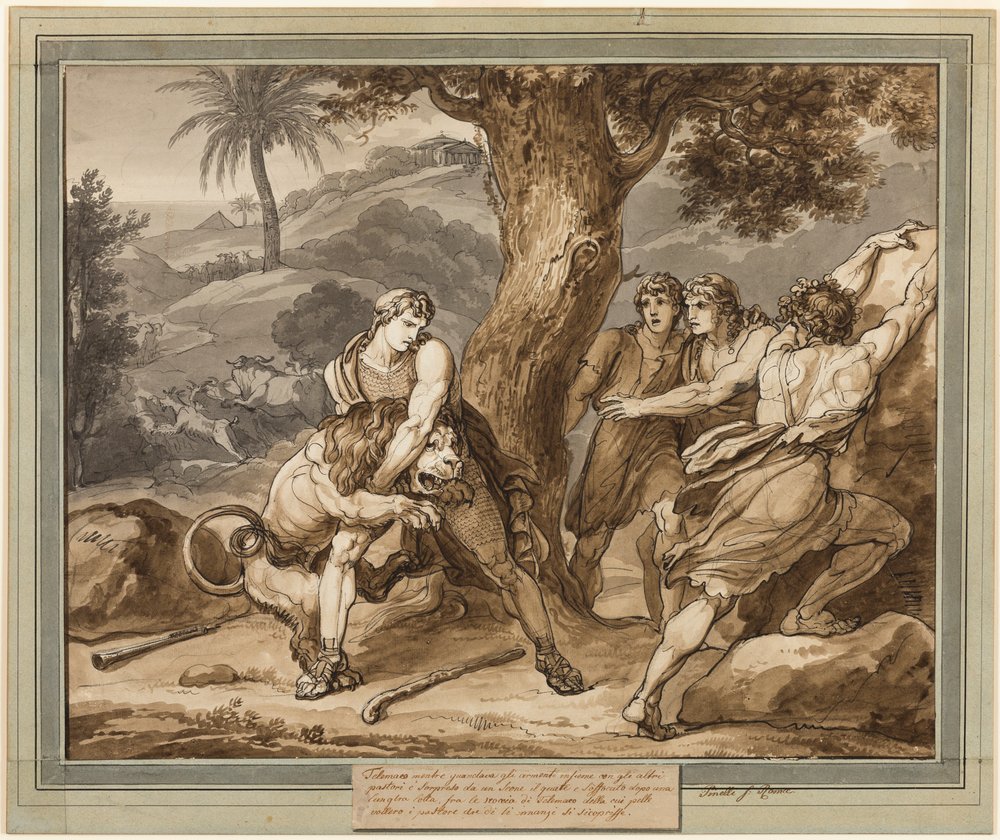 Telemachus kjemper mot løven, fra The Adventures of Telemachus, bok 2 av Bartolomeo Pinelli