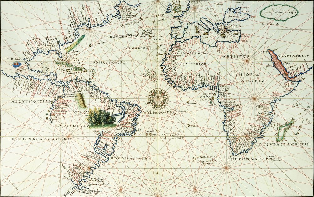 Et kart over to sider av Atlanterhavet, som viser østkysten av Nord- og Sør-Amerika, 1544 av Battista Agnese