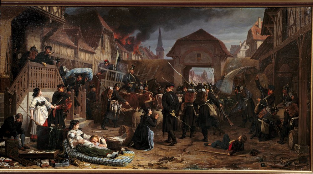 Krigen i 1870: "" Rekvisisjonene ved Reichshoffen"" Slaget ved Froeschwiller Woerth (Froeschwiller-Woerth) (eller slaget ved Reichshoffen) den 06.08.1870 så Preussens seier - Maleri av Benjamin Ullmann (1829-18184) 187 Nancy, Musee historique Lorrai av Benjamin Ullmann