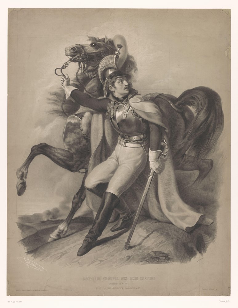 Cussier ved siden av hesten sin Le cuirassier (tittel på objekt) Nye litografier med to typer kritt (serietittel) Nouveaux grupperer aux deux fargestifter (serietittel på objekt) av Bernard-Romain Julien