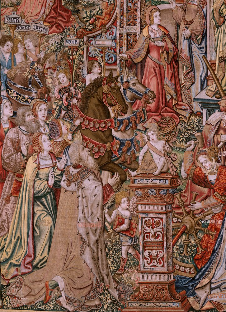 flamsk billedvev. Serien The Honours; Prudence (La Prudencia). Syvende billedvev i serien. Modelltegnere fra kretsen til Bernard van Orley og Jan Gossaert (Mabuse). Produksjon Pieter van Aelst, Brussel. Ca 1550. Stoff Gull, sølv, silke og w av Bernard van Orley