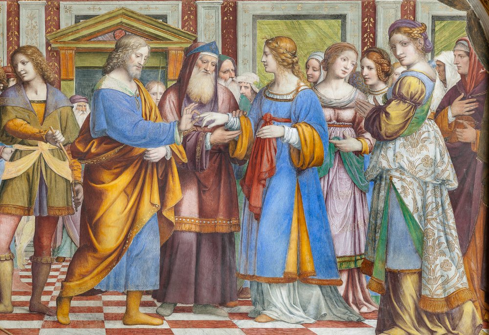 Detalj av Jomfru Marias ekteskap (fresco) av Bernardino Luini