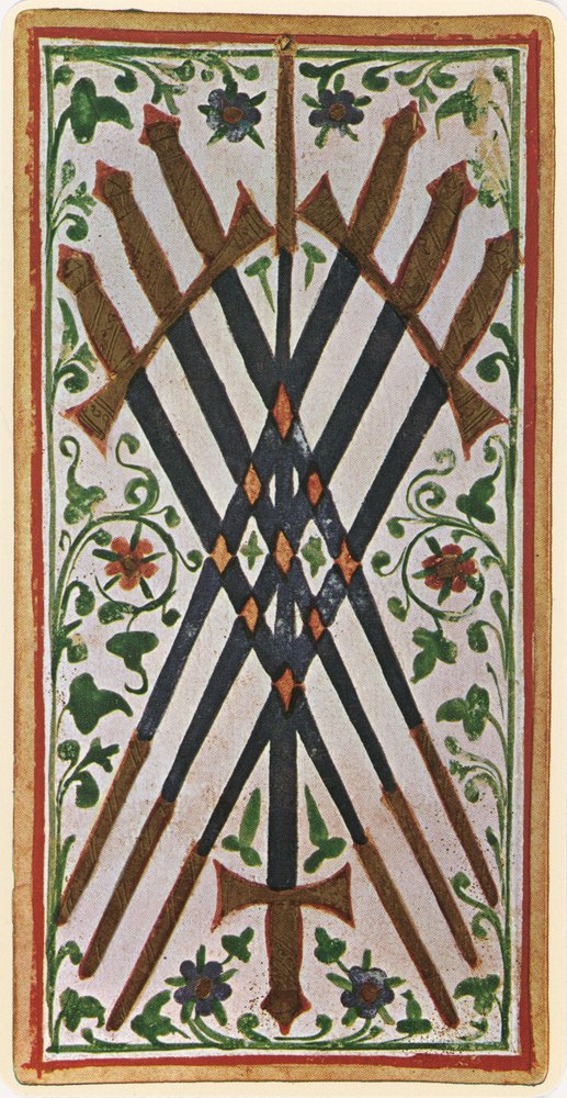 Sju sverd, faksimile av et tarotkort fra 'Visconti'-stokken, 1441-47 av Bonifacio Bembo