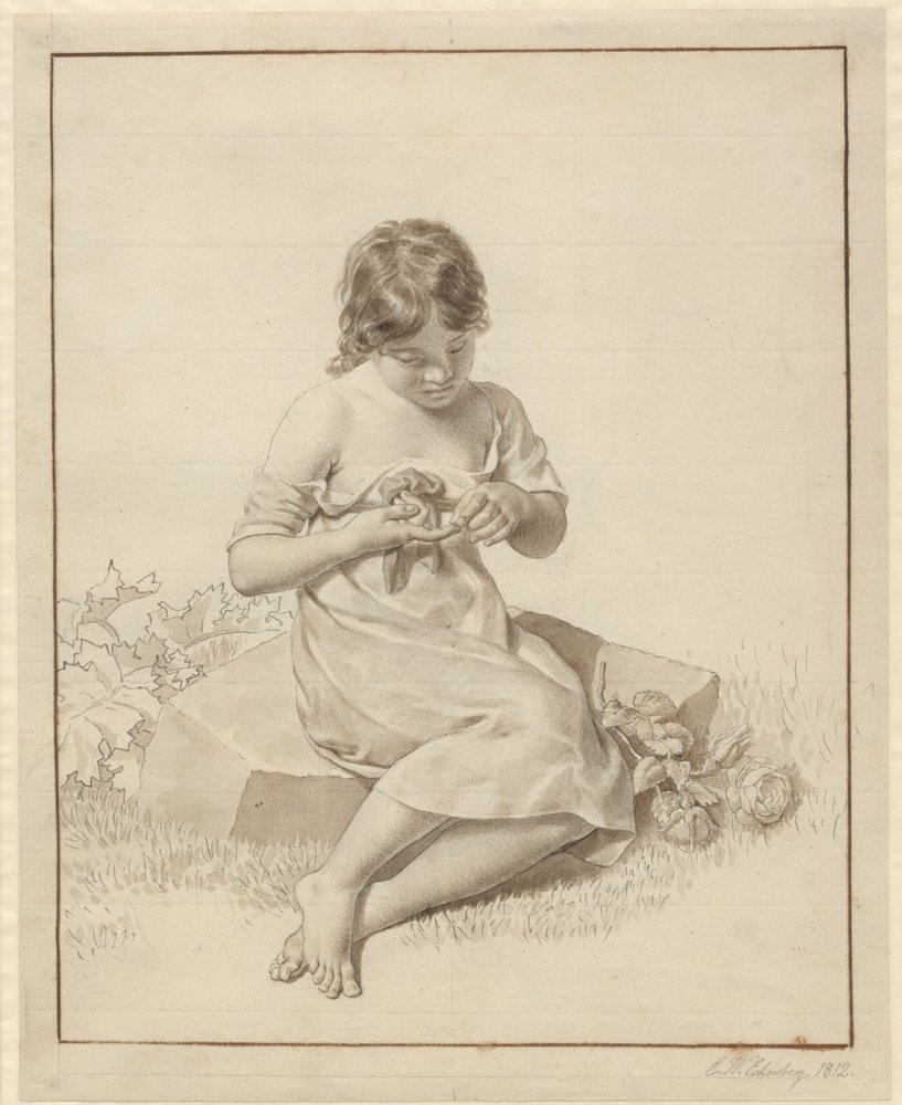 En liten jente som har stukket fingeren på en rosetorn av Christoffer Wilhelm Eckersberg