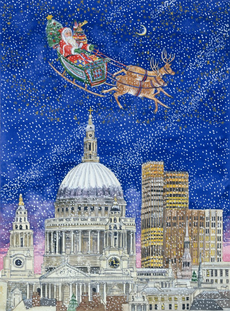 Julenissen flyr over London (wc på papir) av Catherine Bradbury