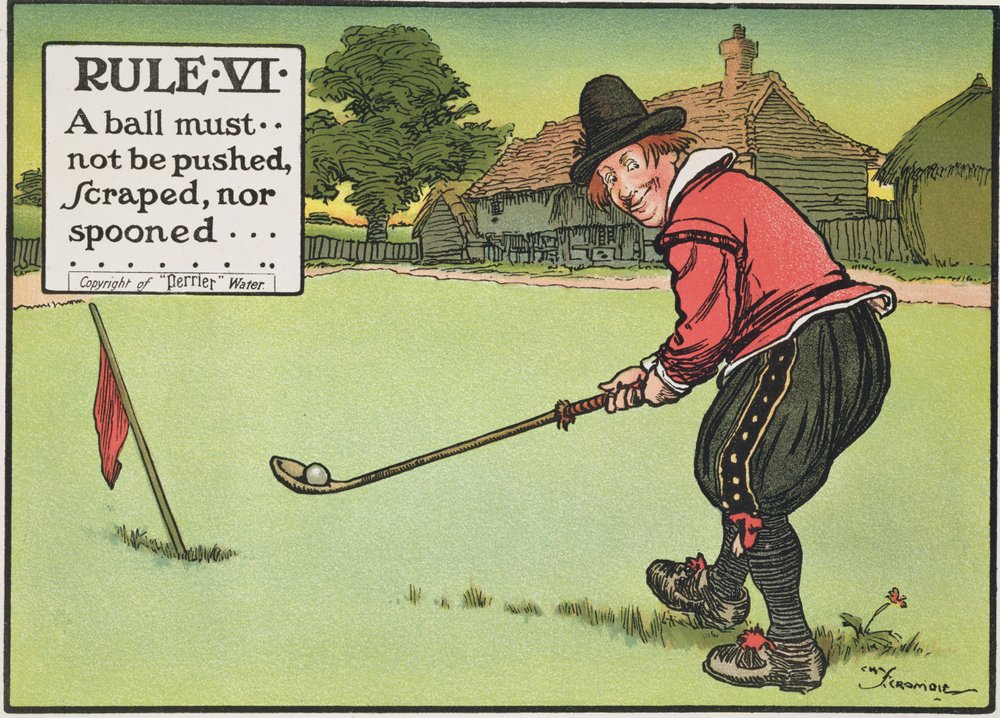 Regel VI: En ball må ikke skyves, skrapes eller skjees, fra 'Rules of Golf', publisert ca. 1905 av Charles Crombie