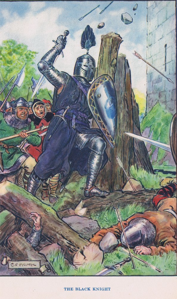 Det beleirede slottet - Den svarte ridderen, illustrasjon fra «Modern Stories» av Charles Edmund Brock