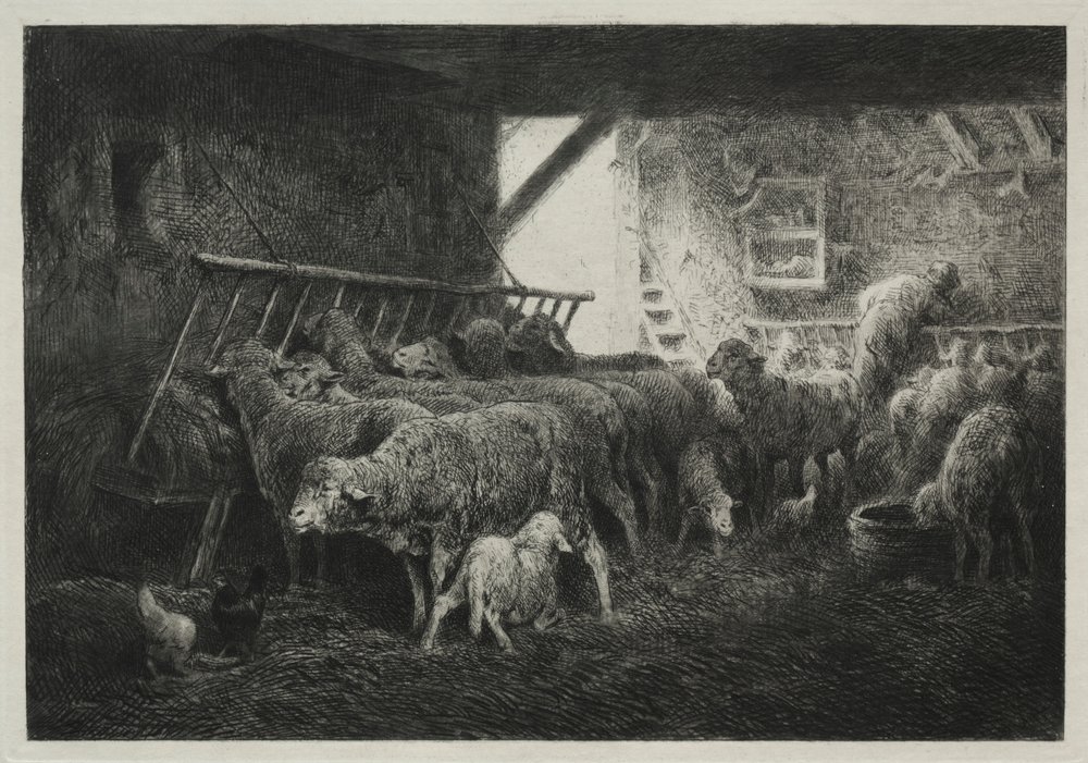 Interiør i saueinnhegning. av Charles Emile Jacque