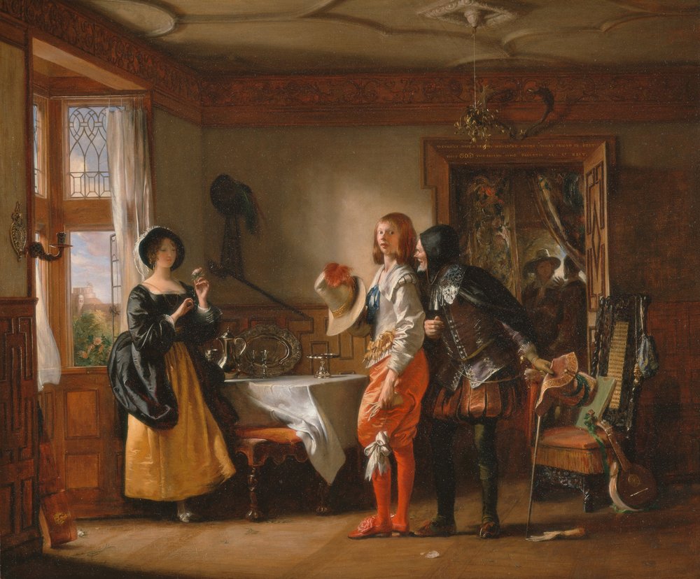 Slender, med assistanse fra Shallow, kurtiserer Anne Page, fra quot;The Merry Wives of Windsorquot;, akt III, scene IV av Charles Robert Leslie