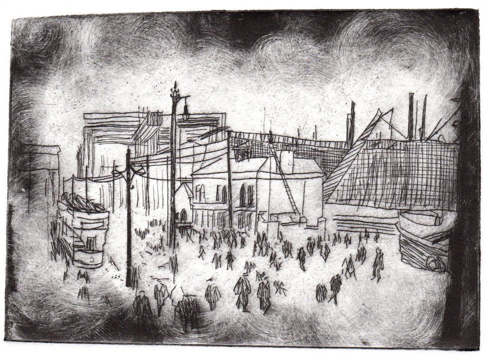 Belfast Docks, 2015 (tørrpunkt-etsing og digital) av Charlotte Orr