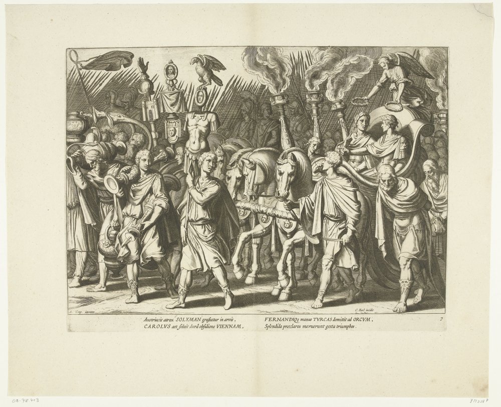 Triomfwagen van Karel V og Ferdinand, na de bevrijding van Wenen van de Turken, ca. 1532, nr. 7 Scènes uit het leven van Karel V (serietittel) Livet til keiser Charles V. i svært vakre dyptrykk, inngravert på designene til den berømte A. Tempest av Cornelis Boel
