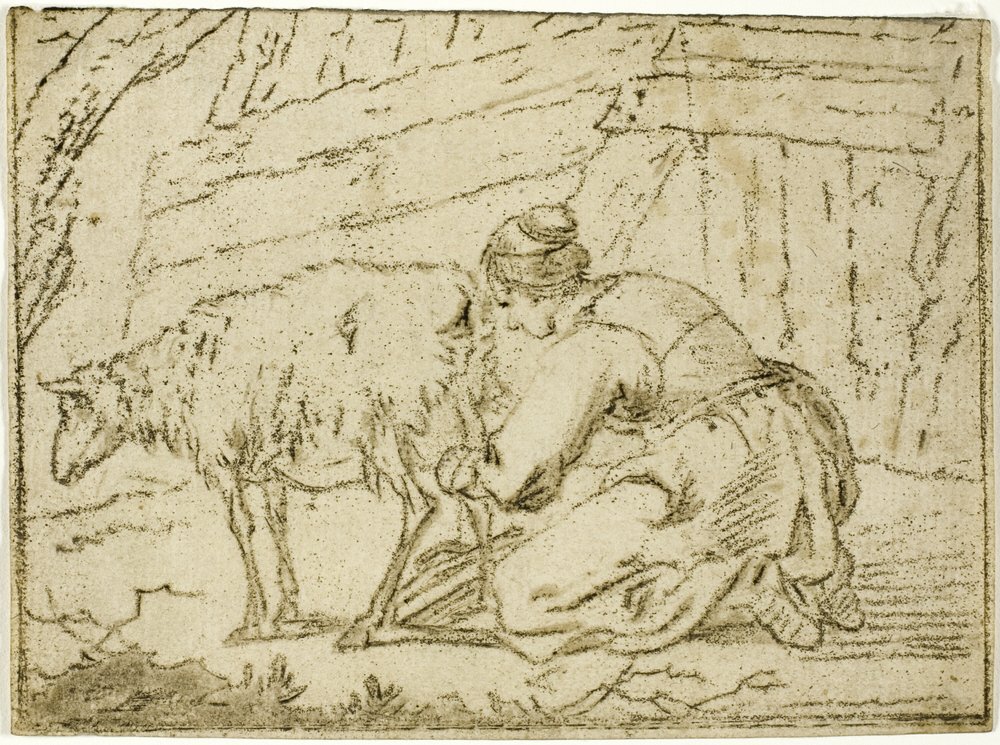 Kvinne som melker en søye av Cornelis van Noorde