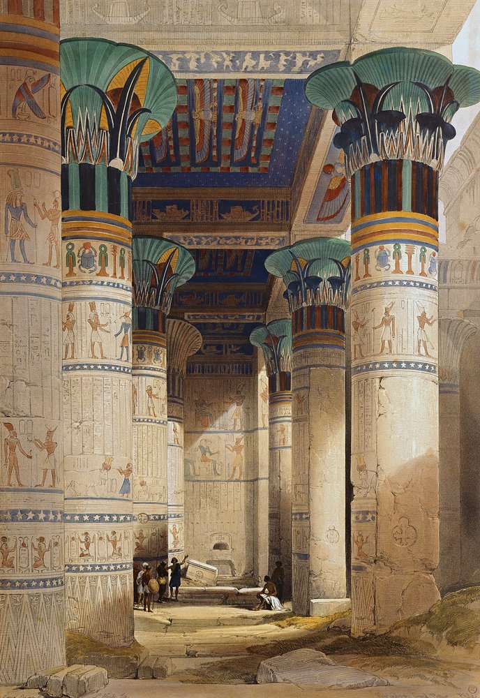 Utsikt under den store portikoen, Philae, fra Egypt og Nubia, bind 1 av David Roberts