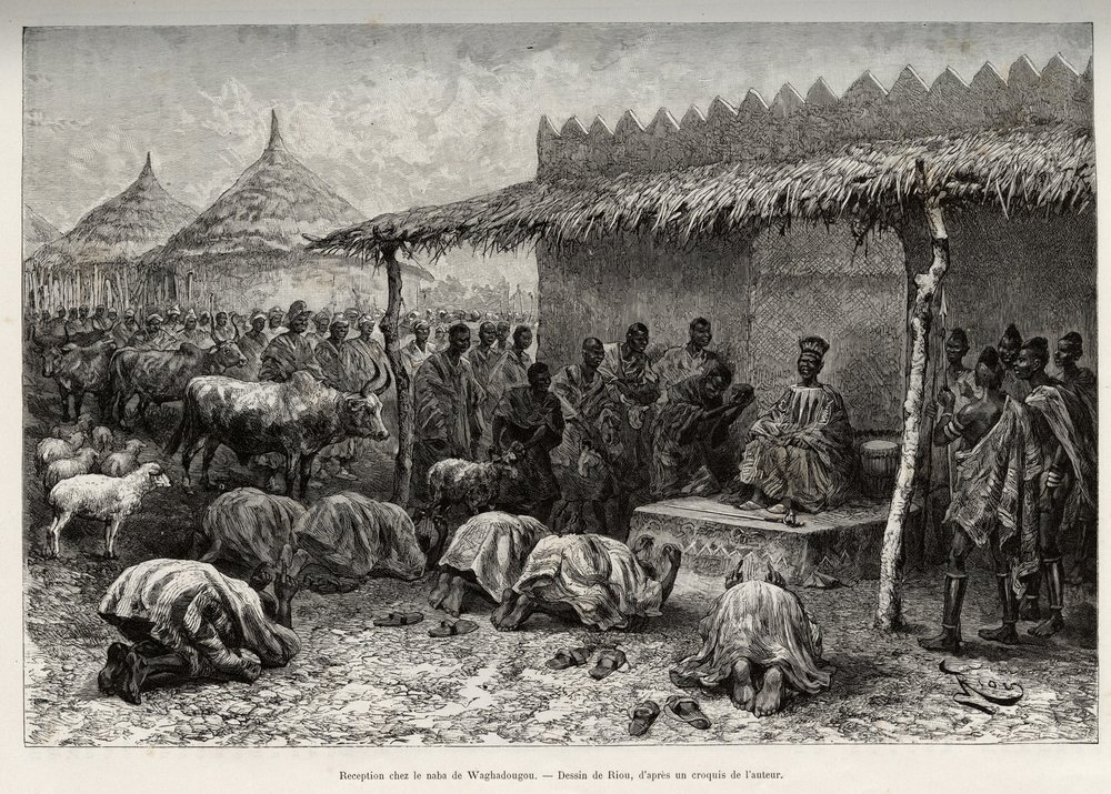Mottak på naba Sanem, fra Mossi-riket (eller Mosse) i Waghadougou (Ouagadougou, Burkina Faso). Gravering av Riou, for å illustrere historien "" Fra Niger til Guineebukta"" av kaptein Louis Gustave Binger (1856-1936), i 1887-1889, i Le tou av Edouard Riou