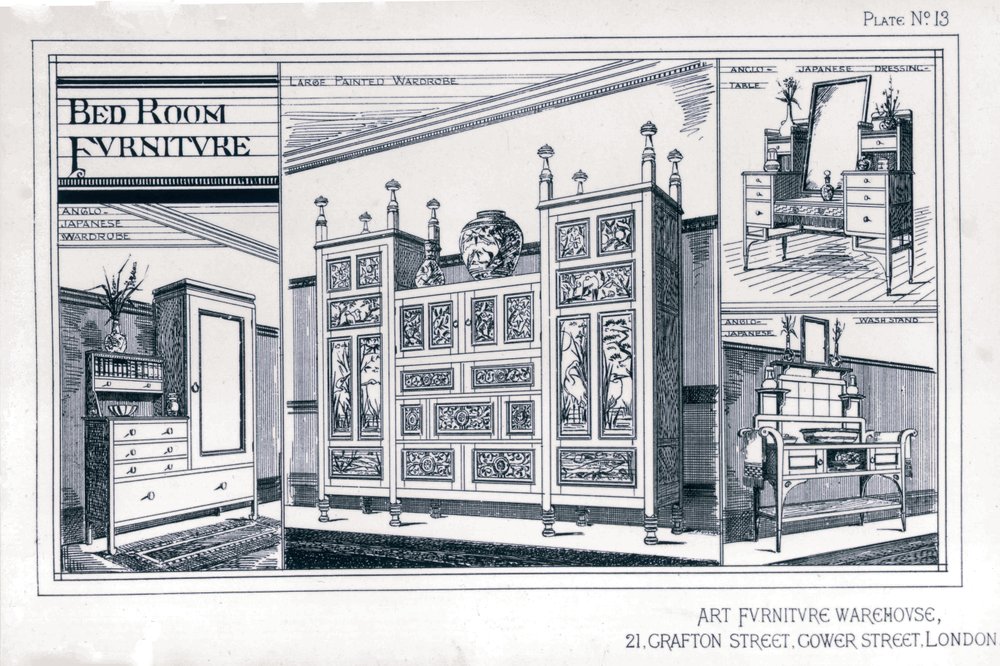 Soveromsmøbler fra Art Furniture Warehouse, Plate 13, Godwin Edward William (1833-86), 1876, produsent Watt W av Edward William Godwin