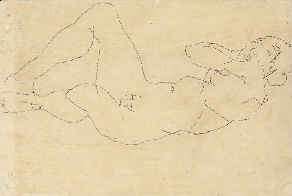 Naken kvinne med hendene bak hodet, 1914 av Egon Schiele